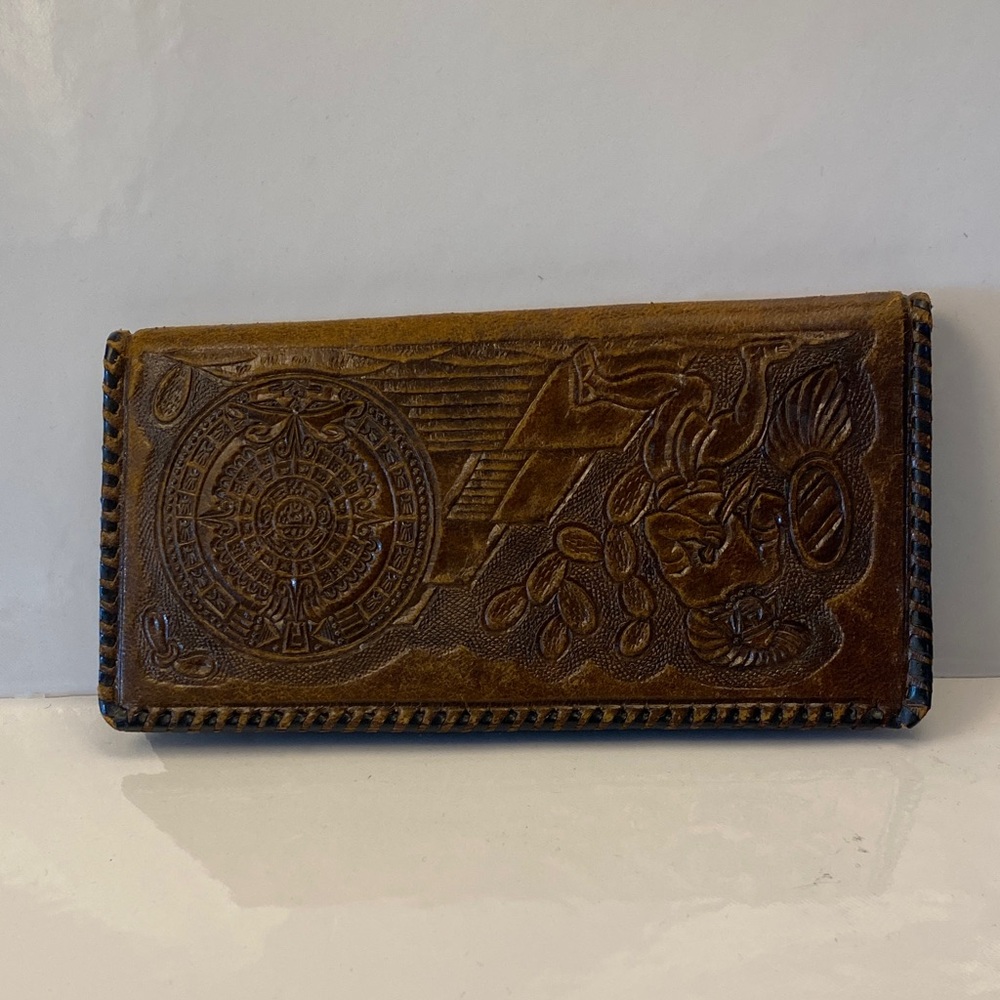 Hand-Tooled Brown Leather Wallet with Aztec Medallion Design